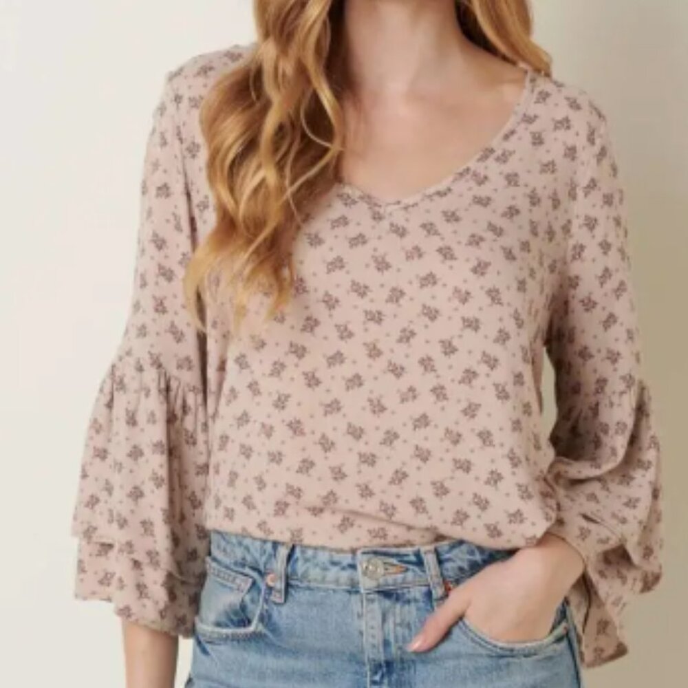 Flower Print Ruffle Sleeve Blouse color is sand
